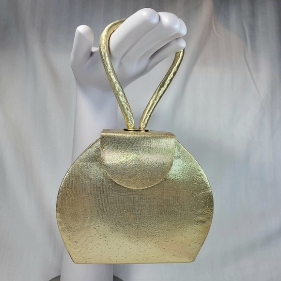 La Regale Mini PURSE Gold Satin Box Clutch Wristlet Hand Bag Crossbody Formal - Picture 2 of 16